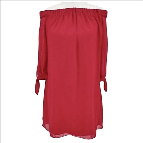 BCX Wmns Y2K Solid Red Sheer 3/4 Bowtie Sleeve Cold Shoulder Shift Dress SzM NWT - Picture 2 of 12